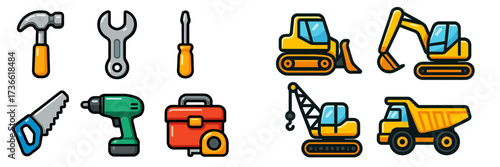 Various construction tools and machinery displayed in a colorful digital design, showcasing essential equipment for building projects