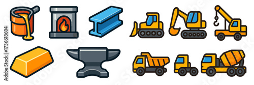 Construction and metalworking icons featuring tools and machinery in a vibrant design