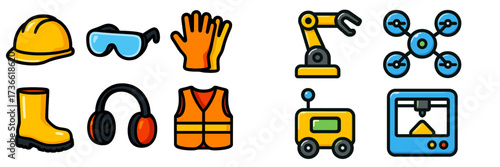 Construction tools and safety equipment displayed with machinery and technology in a working environment