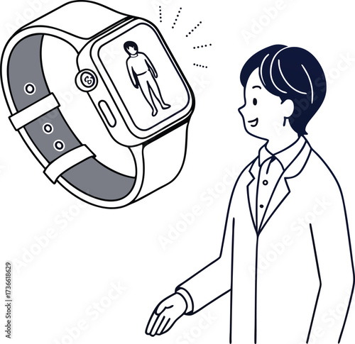 Young man happily checking health tracking on a sleek, futuristic smartwatch display
