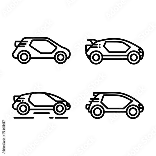 A collection of four modern and futuristic car icons in a simple black line art style on a white background.