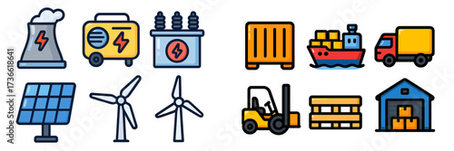 Energy production and transportation icons showcasing various sources and services at a delivery site