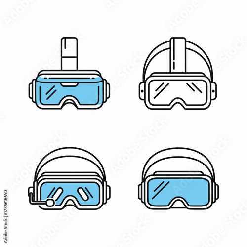 Four different styles of virtual reality headsets, presented as line art icons with blue accents.