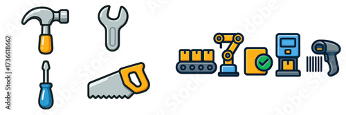 Tools and machinery icons representing manual and automated work environments in a modern workshop setup