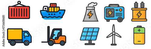 Diverse icons representing shipping, energy production, and logistics in a modern landscape