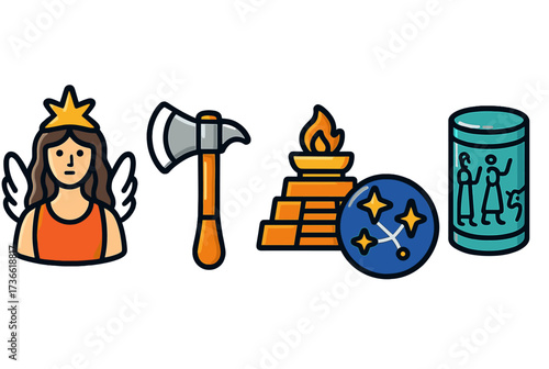 Symbols of ancient civilization showcase culture, mythology, and achievements in a vibrant illustration