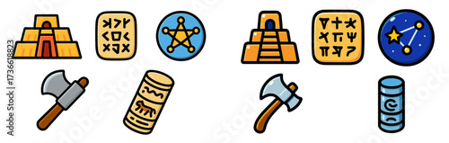 Symbols and artifacts reflecting ancient civilizations and cultures showcased in vibrant illustrations on a white background