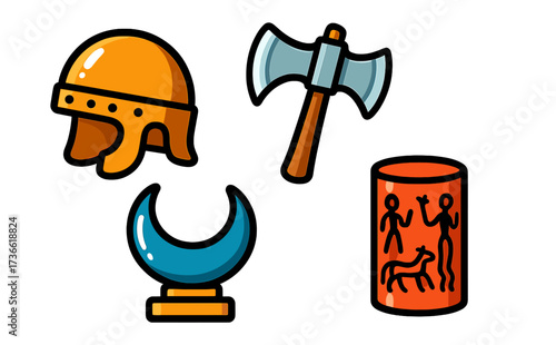 Historical artifacts displayed in a museum showcase represent ancient cultures and their tools from different eras worldwide