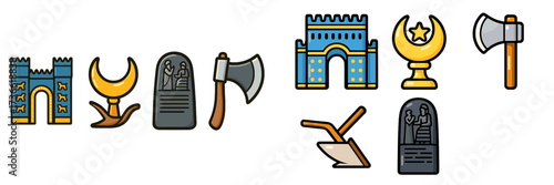 Icons representing ancient civilization symbols and tools featuring a moon, axe, and various historic structures