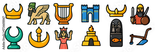 Ancient symbols and icons representing diverse cultures and historical elements in a colorful design for educational purposes