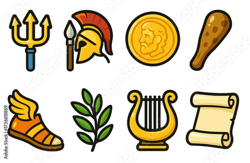 Collection of ancient symbols featuring gladiator gear, currency, and musical instruments displayed on a white background