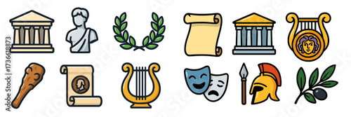 Icons of ancient culture showcase significant symbols of history, art, and knowledge in a creative collage