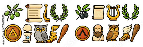 Collection of ancient Greek symbols and artifacts representing philosophy, music, and mythology in a vibrant design