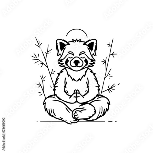 Red panda meditating in lotus position with bamboo shoots and a halo in a minimalist black outline