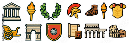 Exploring ancient Rome through iconic symbols of history, culture, and architecture in a vibrant design