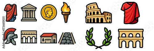 Collection of iconic symbols representing ancient Rome and its cultural heritage