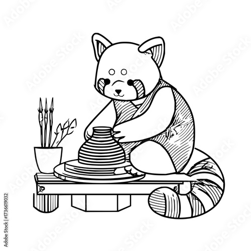 Red panda creating pottery on a wheel with a striped tail and a plant in a pot on the table