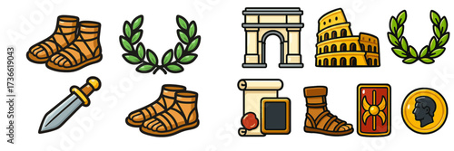 Roman historical symbols including footwear, architecture, and laurel wreaths created as icons