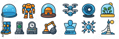 Futuristic technology icons featuring robots, drones, and mechanical devices for modern innovations