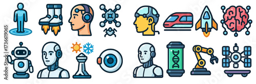 Discovering the world of technology and innovation through various symbols of artificial intelligence and robotics