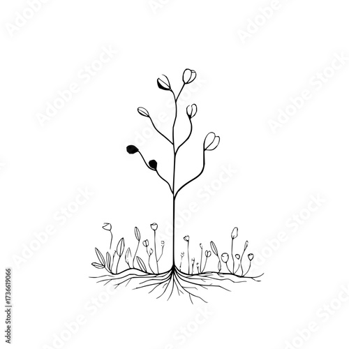 A simple black and white drawing of a plant with roots and small buds on a white background space