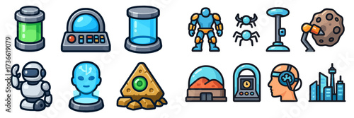 Futuristic technology icons featuring robots, space elements, and scientific devices in a sleek design