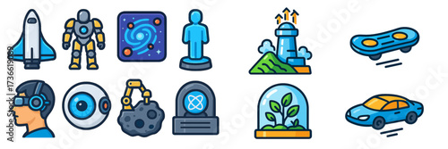 Icons representing space exploration, technology, and the future displayed together in a vibrant array of colorful designs