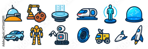 Exploring futuristic technology with robots, vehicles, and space travel concepts showcased in a digital art style