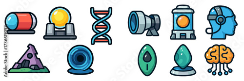 Exploring futuristic icons and symbols representing science, technology, and innovation in a digital landscape