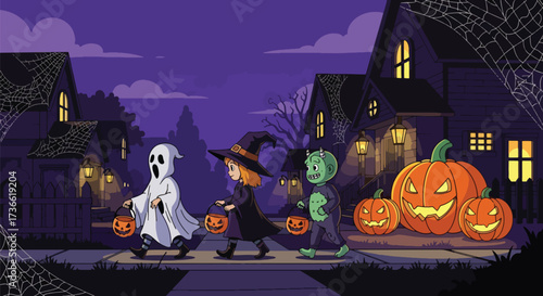 Vector illustration of children in witch and mummy costumes trick-or-treating in a decorated neighborhood with jack-o’-lanterns, lanterns, and autumn leaves, perfect for Halloween posters and seasonal