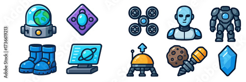 Creative collection of colorful space-themed icons showcasing exploration, technology, and extraterrestrial elements