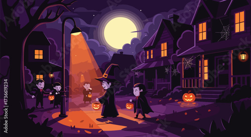 Vector illustration of children in witch and mummy costumes trick-or-treating in a decorated neighborhood with jack-o’-lanterns, lanterns, and autumn leaves, perfect for Halloween posters and seasonal