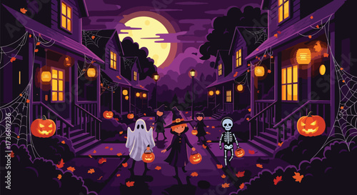Vector illustration of children in witch and mummy costumes trick-or-treating in a decorated neighborhood with jack-o’-lanterns, lanterns, and autumn leaves, perfect for Halloween posters and seasonal