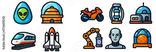 Futuristic icons representing technology, transportation, and extraterrestrial themes in a vibrant, colorful design