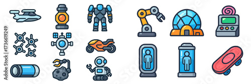 Futuristic technology icons featuring vehicles, robots, and space elements in a colorful design