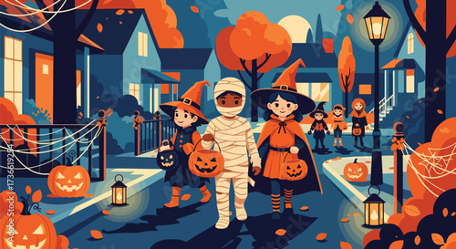 Vector illustration of children in witch and mummy costumes trick-or-treating in a decorated neighborhood with jack-o’-lanterns, lanterns, and autumn leaves, perfect for Halloween posters and seasonal