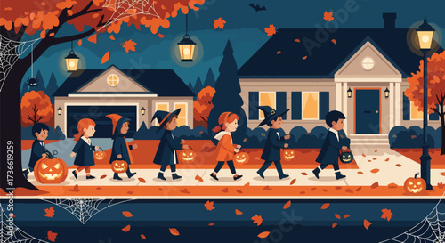Vector illustration of children in witch and mummy costumes trick-or-treating in a decorated neighborhood with jack-o’-lanterns, lanterns, and autumn leaves, perfect for Halloween posters and seasonal