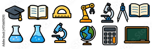 Collection of educational icons representing science, technology, and learning tools in a colorful layout for teaching or studying purposes