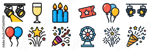 Colorful icons representing a festive celebration with balloons, decorations, and party elements for special occasions