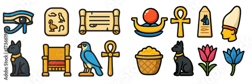 Ancient Egyptian symbols and artifacts showcasing rich cultural heritage and history, including hieroglyphics and deities