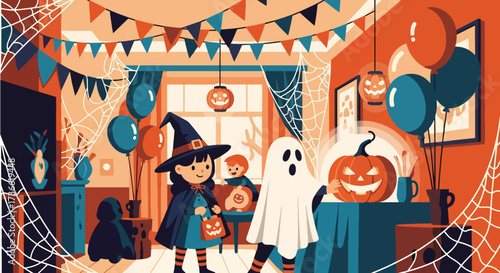 illustration of children in witch, skeleton, and vampire costumes celebrating Halloween indoors with balloons, candy, and decorations, perfect for festive invitations, party posters