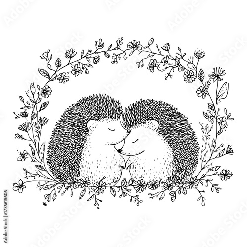 Two hedgehogs cuddling surrounded by a floral wreath in black and white line art illustration style
