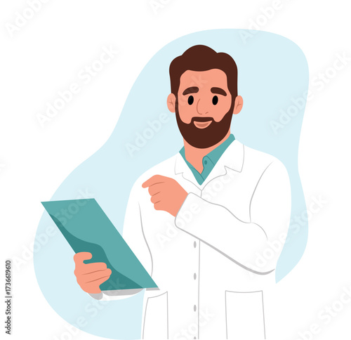 Male doctor with a notebook, medical documents, examination notes, test results, or prescription papers. Vector flat illustration isolated on white.