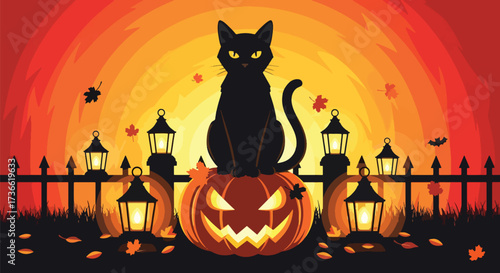Vector illustration of a black cat sitting on a carved jack-o’-lantern with glowing lanterns and autumn leaves, perfect for Halloween decorations, seasonal posters, and festive marketing