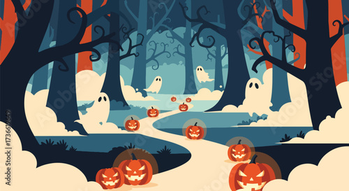 Vector illustration of a spooky Halloween forest with glowing jack-o’-lanterns along a winding path and playful ghosts among eerie trees, ideal for festive invitations, posters, and seasonal marketing