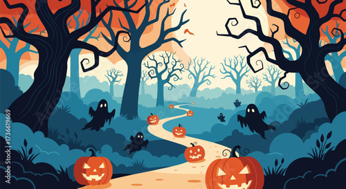 Vector illustration of a spooky Halloween forest with glowing jack-o’-lanterns along a winding path and playful ghosts among eerie trees, ideal for festive invitations, posters, and seasonal marketing
