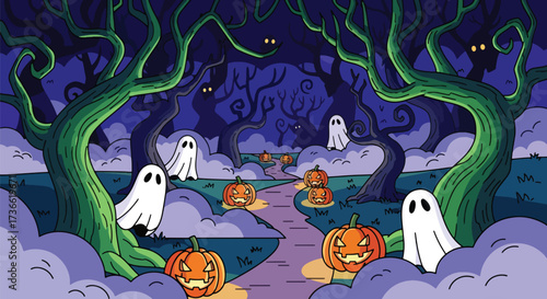 Vector illustration of a spooky Halloween forest with glowing jack-o’-lanterns along a winding path and playful ghosts among eerie trees, ideal for festive invitations, posters, and seasonal marketing