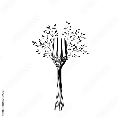 A whimsical illustration of a fork with a tree growing out of it on a white background in black ink style