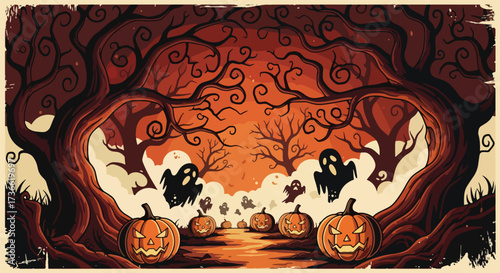 Vector illustration of a spooky Halloween forest with glowing jack-o’-lanterns along a winding path and playful ghosts among eerie trees, ideal for festive invitations, posters, and seasonal marketing