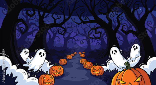 Vector illustration of a spooky Halloween forest with glowing jack-o’-lanterns along a winding path and playful ghosts among eerie trees, ideal for festive invitations, posters, and seasonal marketing